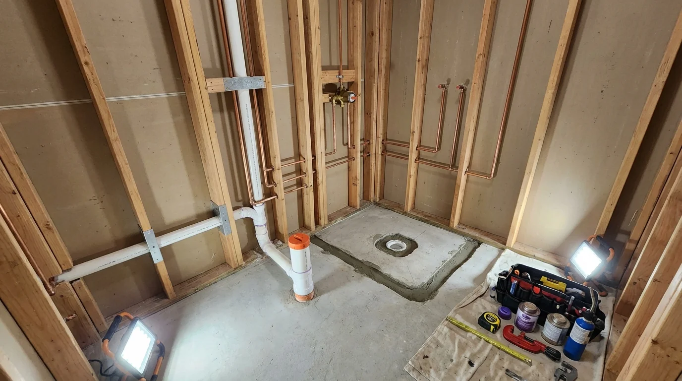 Bathroom rough-in plumbing during remodel by Johns Plumbing LLC in Irving