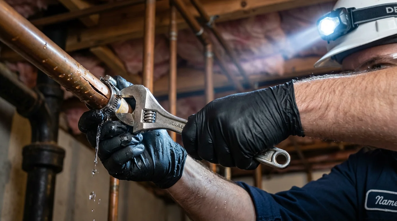 Emergency pipe clamp repair being performed by a Johns Plumbing LLC plumber in Irving