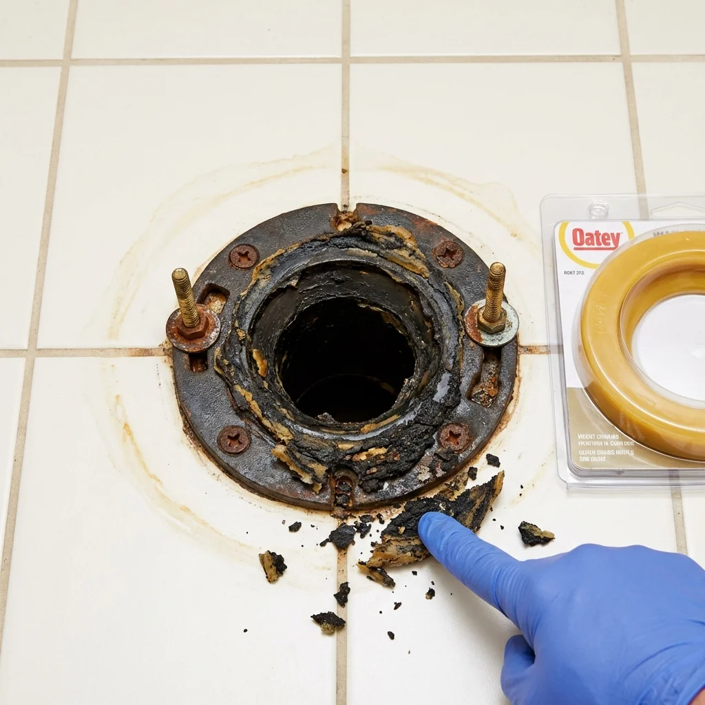 Failed wax ring showing water seepage at the base of a toilet in a Irving, TX home