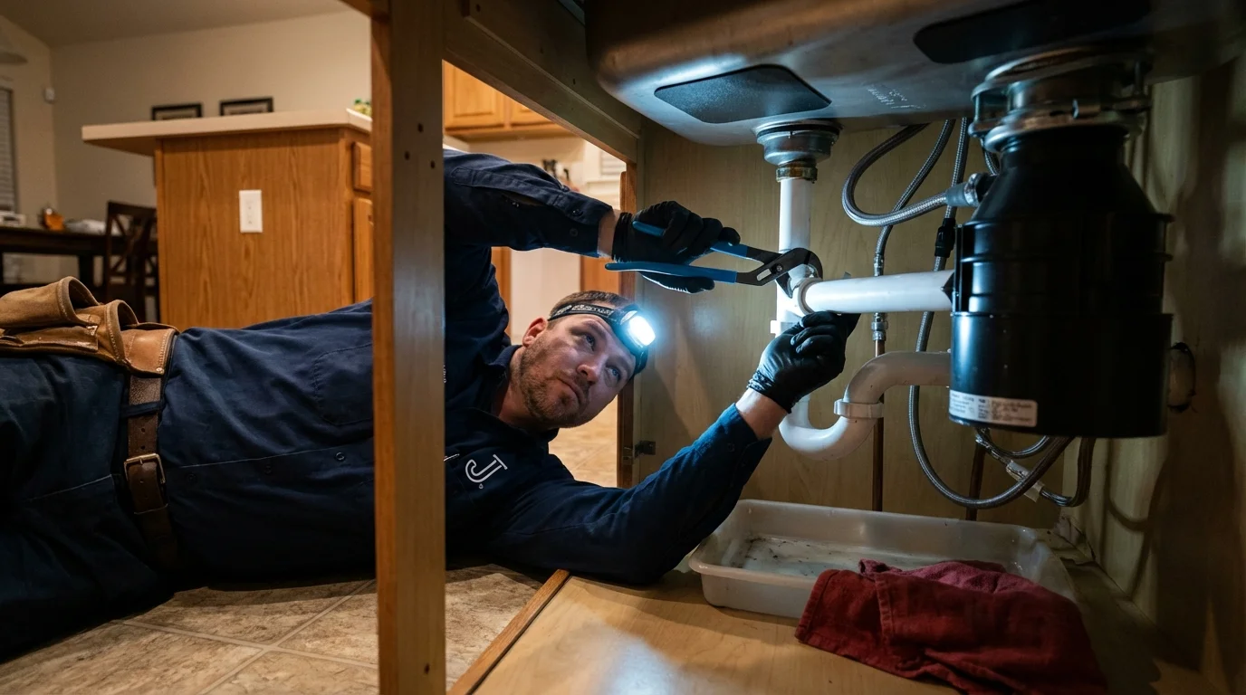 P-trap and supply line connections under a kitchen sink showing a common leak point in Irving, TX